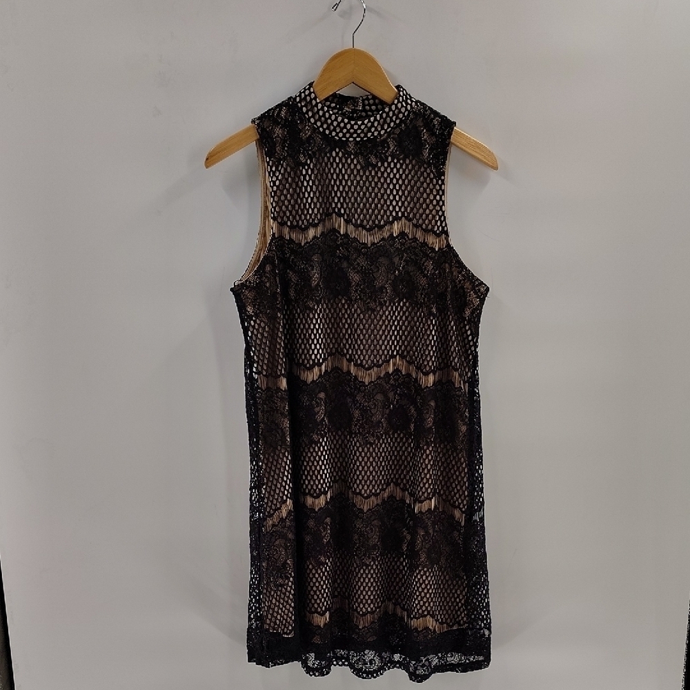 Love fire black halter dress large lace overlay lining large mock collar